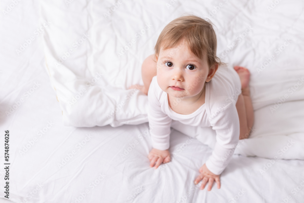 adorable baby in white shirt and diaper on blanket, card, banner, space for text adorable baby in white shirt and diaper on blanket, card, banner, space for text