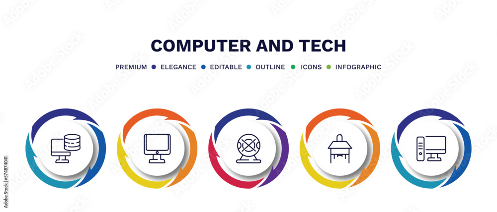 set of computer and tech thin line icons. computer and tech outline icons with infographic template. linear icons such as pc storage, computer and monitor, webcam disconnected, school desk,