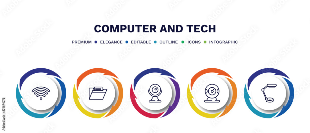set of computer and tech thin line icons. computer and tech outline icons with infographic template. linear icons such as wi fi, computer folder, round webcam, webcamera, study lamp vector.