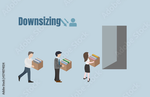Workforce Reduction, Downsizing, Reorganization, Restructuring, Outsourcing. Unemployment, Jobless, Employee Job Reduction concept. Fired Office Worker with Box.