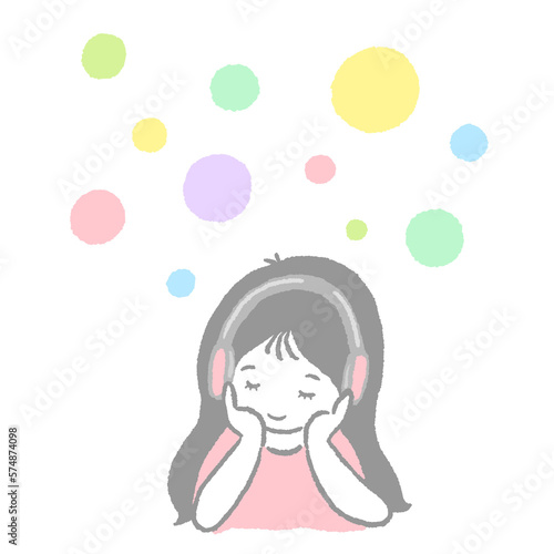 Image of a thinking woman listening to music with headphones Simple and cute hand-drawn illustration                                                                                                                         