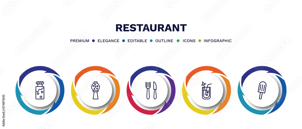 set of restaurant thin line icons. restaurant outline icons with infographic template. linear icons such as jar full of food, candy balls, thin knife, lemonade with straw, ice pop vector. set of restaurant thin line icons. restaurant outline icons with infographic template. linear icons such as jar full of food, candy balls, thin knife, lemonade with straw, ice pop vector.