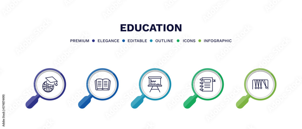 set of education thin line icons. education outline icons with infographic template. linear icons such as international graduate, reading an open book, writing whiteboard, school agenda, newton