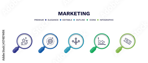 set of marketing thin line icons. marketing outline icons with infographic template. linear icons such as benefits, configuration, diversify, marketing graph, coupon vector.
