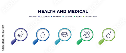 set of health and medical thin line icons. health and medical outline icons with infographic template. linear icons such as running, blood, girl, bio, enema vector.