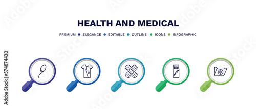 set of health and medical thin line icons. health and medical outline icons with infographic template. linear icons such as spermatozoon, patient robe, band aid, proteins, records vector.