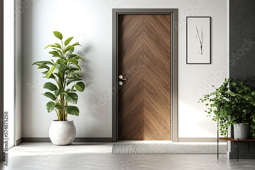 Modern hallway with wooden door and copy space. mockup. Generative AI