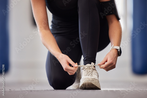 Slika na platnu Hands, shoes and person with laces in preparation of fitness, running and morning cardio outdoors