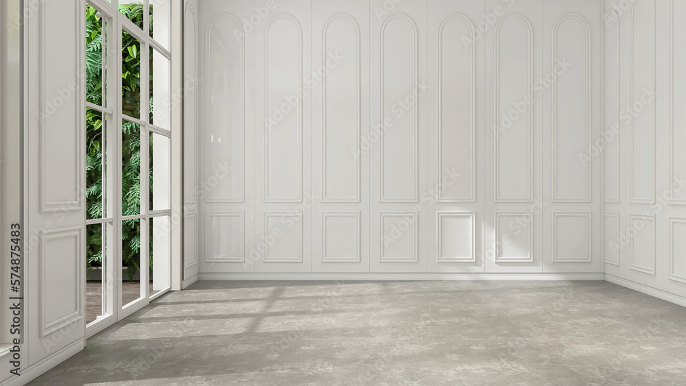 Obraz premium Empty white luxury room with wainscot wall, gray polished cement floor in sunlight from glass door to outdoor garden with green vertical garden of tropical plant for interior design background 3D