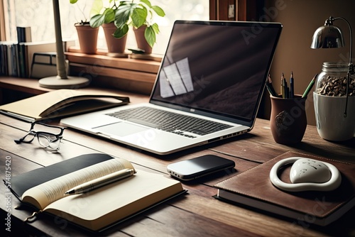 Laptop in office. Notebooks, pen, books, earphones on wooden desk of businessman or student. Generative AI