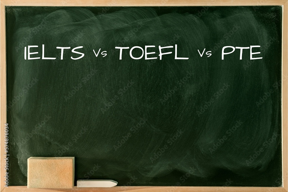Word toefl vs ielts vs pte in a green chalkboard background test of