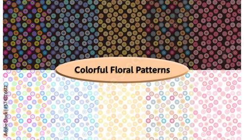 カラフルかわいい花柄パターン素材セット　レトロ　シームレスパターン　連続模様