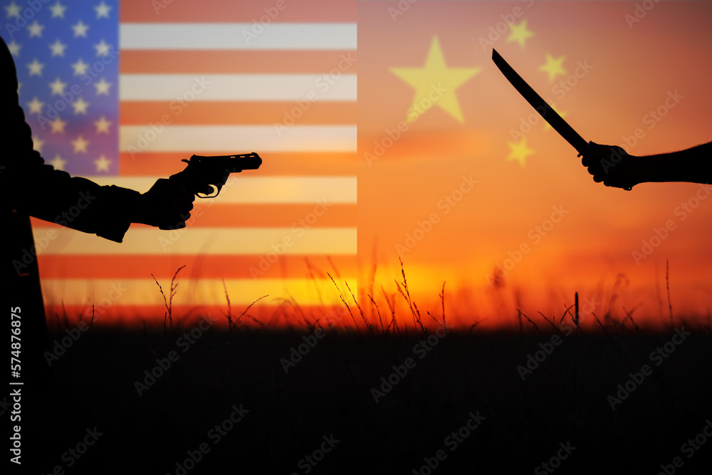 Katana versus revolver fight in the field. Military conflict in Asia. Battle of the big countries. USA, Taiwan vs China in World political war concept