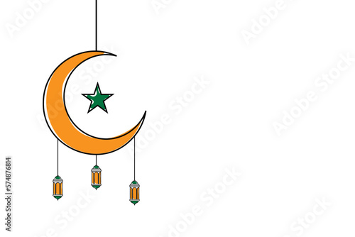 Continuous Line Islamic Background design template for ramadan, eid alfitr, isra mi’raj, and islamic new year with Lantern, moon, and star.