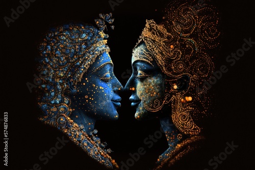 Radha krishna in love medium shot photography portrait of cosmic galactic Generative AI. symbol of Devine Love. Art Print For Home Decor hindu couple on abstract decorative background