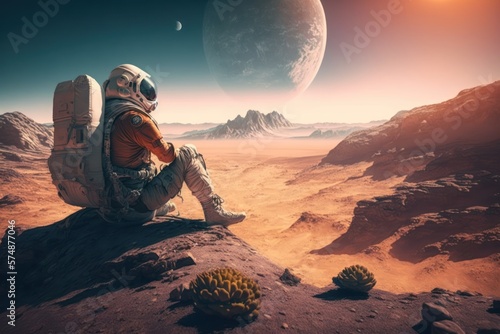 Astronaut sitting alone on an alien planet (Generative AI) © senadesign