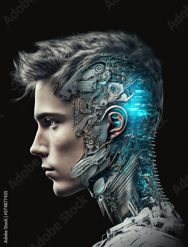 An attractive man as half-robot or a humanoid android with artificial intelligence parts or a technological upgrade as human evolution, mechanical body parts. Generative AI