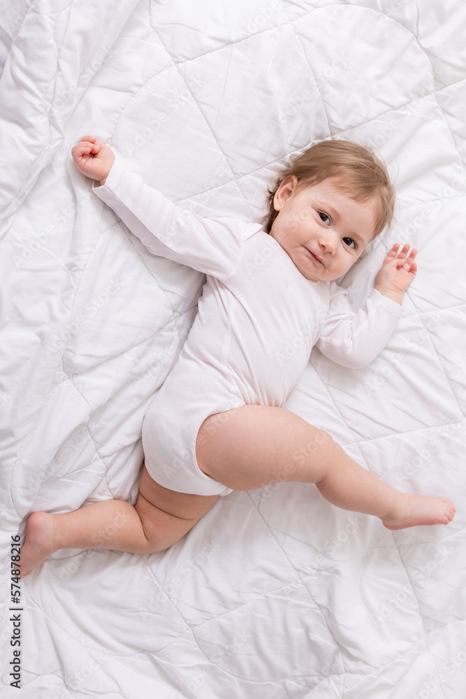adorable baby in white shirt and diaper on blanket, card, banner, space for text adorable baby in white shirt and diaper on blanket, card, banner, space for text