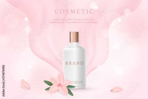Pink cosmetic 3d ads background with flowers.
