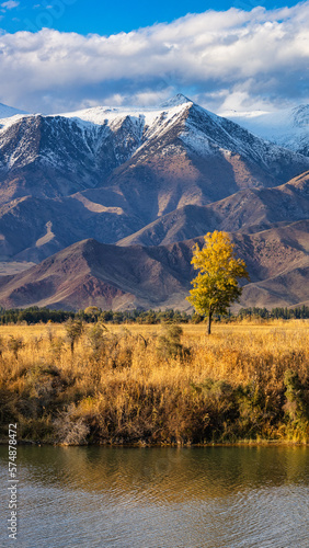 Amazing autumn landscape of Kyrgyzstan on an autumn evening near Issyk-Kul lake with a mountain view