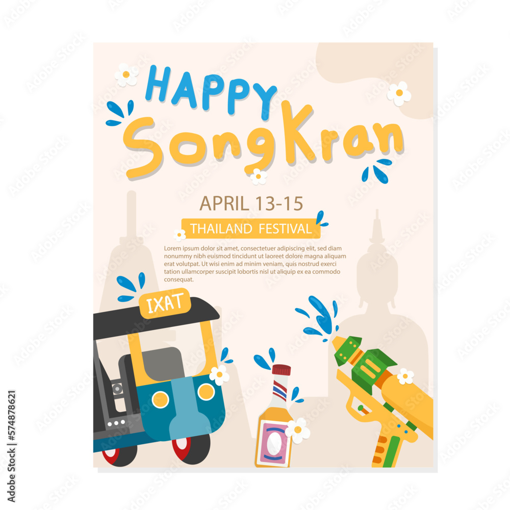 Template for Songkran Festival with TUK TUK, Water Gun and Songkran elements vector illustration flat design.