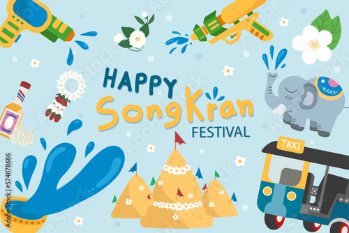 Songkran Festival elements. Illustration of Songkran Festival background design by hand drawn. © Warida.lnnl