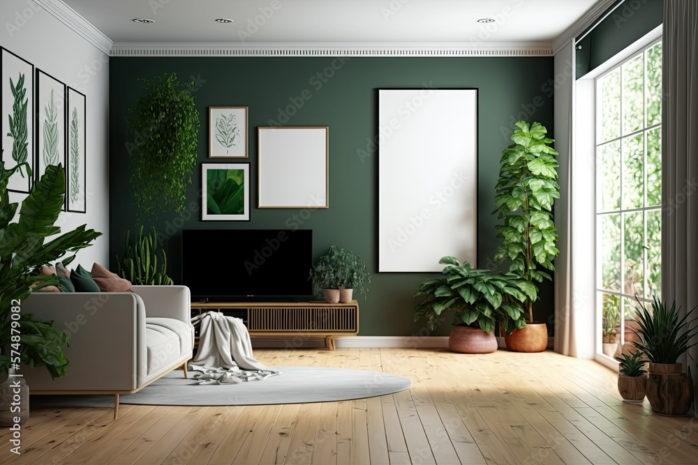 Obraz Potted plants decorate the empty living room with green walls and a hardwood floor. Generative AI fototapeta, plakat