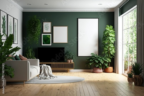 Fotografiet Potted plants decorate the empty living room with green walls and a hardwood floor