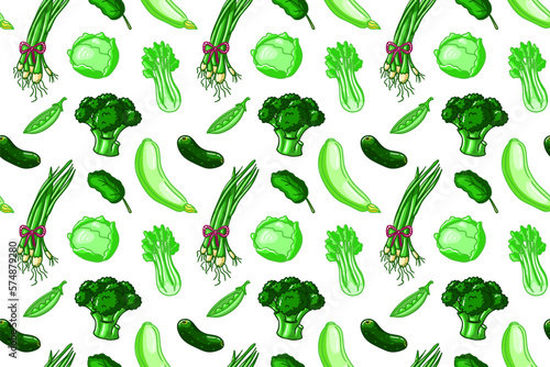 Green food seamless pattern. Vegetarian vegan wallpaper. Health illustration wuth onion, cabbage, broccoli, squash, celery