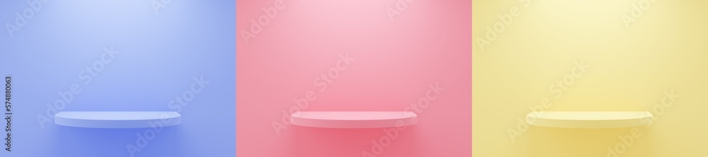 Set of 3d mockup scene with soft lighting on pastel color background. 3d pedestal podium with empty space for product or text display presentation. 3d render illustration. Set of 3d mockup scene with soft lighting on pastel color background. 3d pedestal podium with empty space for product or text display presentation. 3d render illustration.