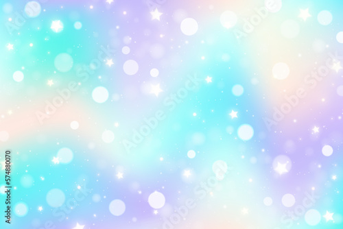 Rainbow unicorn fantasy background with stars. Holographic illustration in pastel colors. Bright multicolored sky with bokeh. Vector.