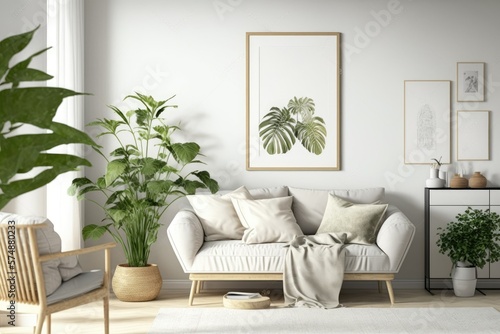 Scandinavian white décor with a design sofa, coffee table, pillow, blanket, giant tropical plant, and mock-up picture frame is trendy and inviting. Triangle light, white walls. Generative AI