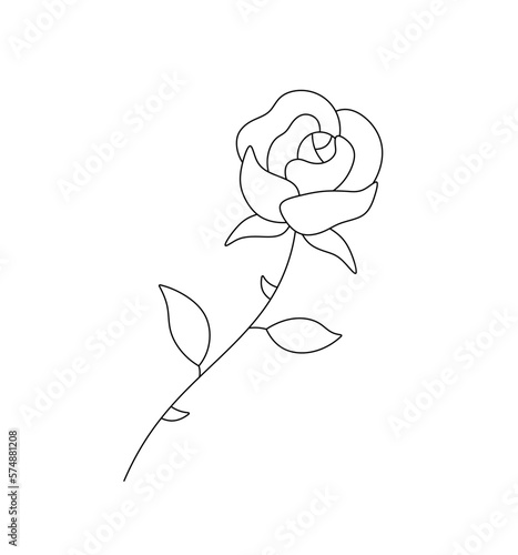 Vector isolated ose single rose flower with prickly stem and leaves colorless black and white contour line easy drawing