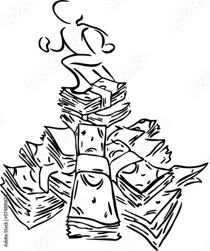 A bunch of wads of money on which a person stands sketch hand draw