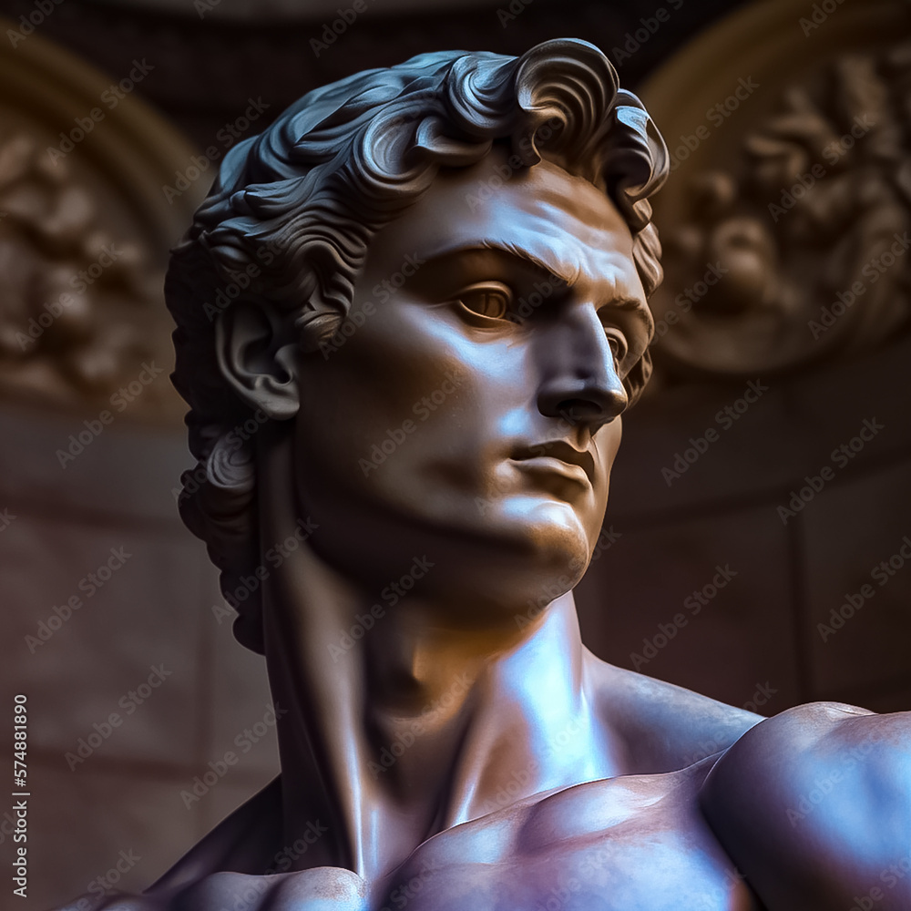 Gypsum statue of David's head. Ancient greek sculpture, statue of hero. AI, Generative AI