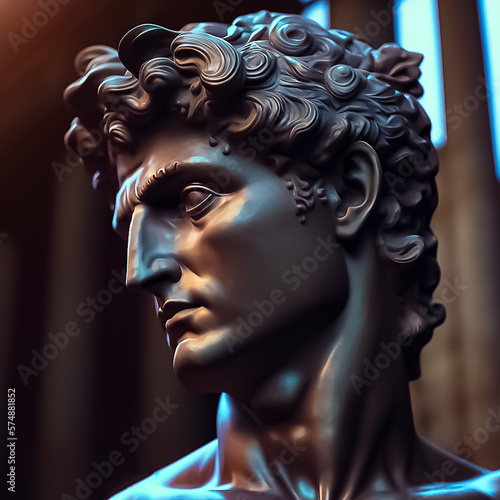 Gypsum statue of David's head. Ancient greek sculpture, statue of hero. AI, Generative AI