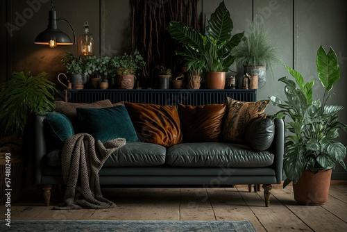 A large potted green houseplant sits on the wooden floor beside the sofa. Elegant loft-style living room with brown couch in gloomy space. The sofa-filled room is spacious. Home, jungle. Generative AI