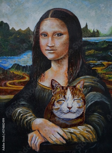hand drawn original impressionism masterpieces oil color painter painting face cute female woman mona lisa by leonardo da vinci holding a cat and academy gallery fragment of artwork contemporary art