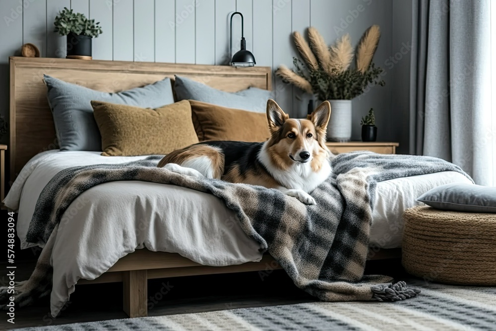 Wooden bed in trendy neutral bedroom interior with design furniture, decorating, carpet, bench, dried flowers in vase, attractive personal accessories. Lovely puppy on carpet. Generative AI Wooden bed in trendy neutral bedroom interior with design furniture, decorating, carpet, bench, dried flowers in vase, attractive personal accessories. Lovely puppy on carpet. Generative AI
