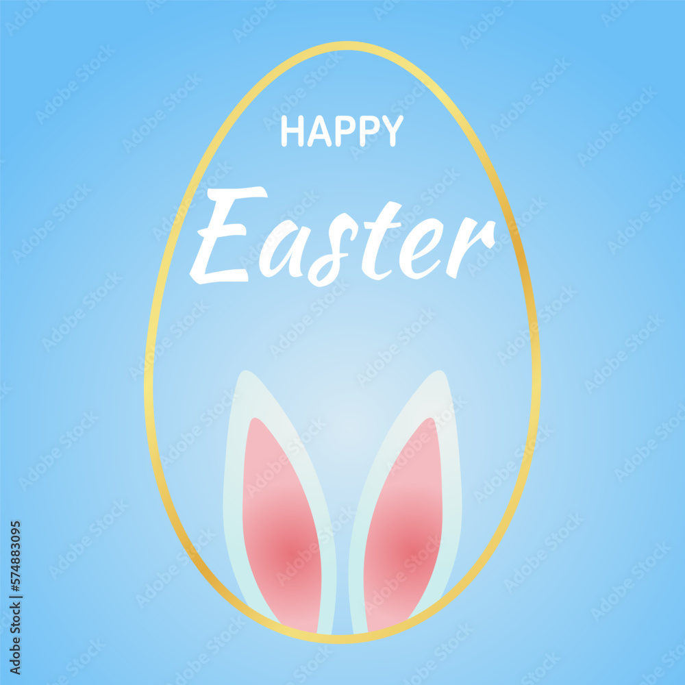 Easter card with bunny ears and gold frame with space for text. Easter Bunny with the inscription Happy Easter on a blue background.