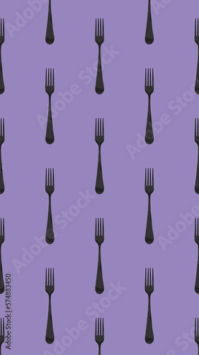 pattern. Fork top view on pastel violet background. Template for applying to surface. Vertical image. Flat lay. 3D image. 3D rendering.