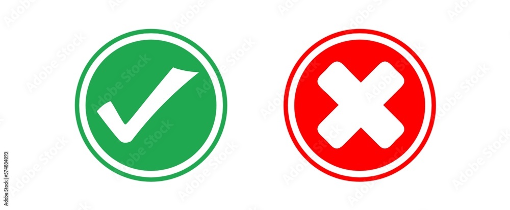 Green check mark and red cross symbol icon element, Isolated On white background. Green check mark and red cross symbol icon element, Isolated On white background.