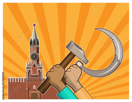 Hands with a hammer and sickle against the backdrop of the Moscow Kremlin and the diverging rays of the rising sun. Vector illustration