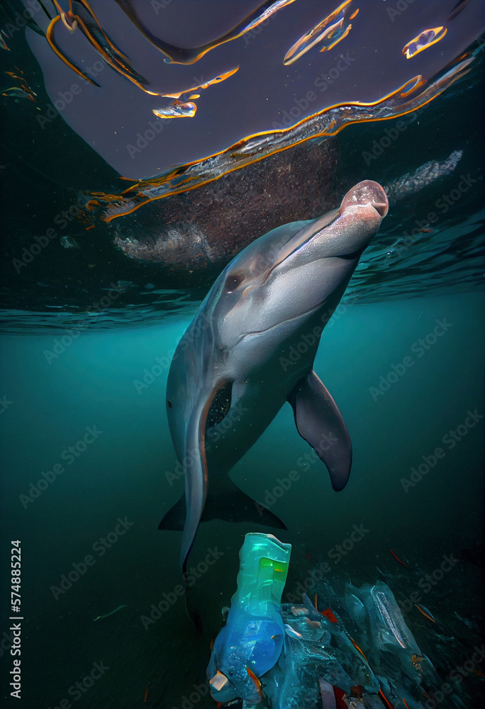 Fototapeta premium Underwater view of a dolphin and the plastic garbage in the ocean,Generative AI illustration