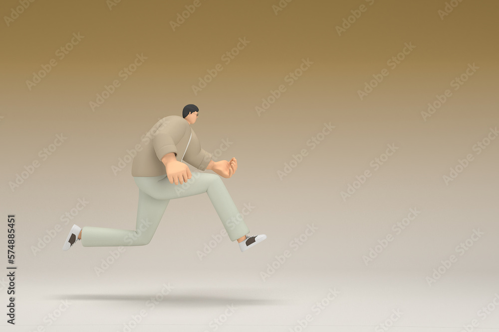 A man with glasses wearing brown cloth is running. 3d rendering of cartoon character in acting. A man with glasses wearing brown cloth is running. 3d rendering of cartoon character in acting.