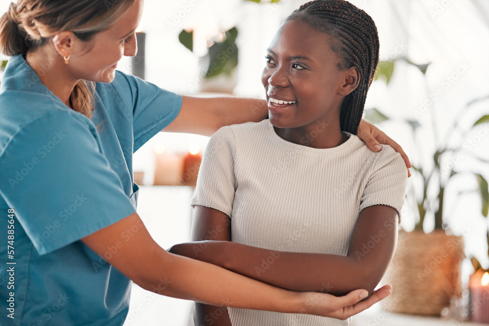 Fototapeta premium Physiotherapy, stretching arm and black woman muscle massage, healthcare service and anatomy or elbow healing. Physical therapy, medical professional support or chiropractor consulting happy patient
