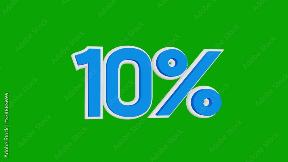 Price 10%. Number ten percent shape 3d animation in white and blue colors on a green background Price 10%. Number ten percent shape 3d animation in white and blue colors on a green background
