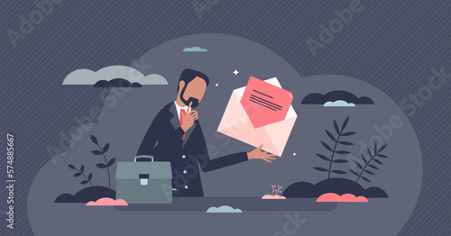 Pink slip as letter for fired employee with job loss tiny person concept. Company staff discharge, career failure and leaving business vector illustration. Jobless manager with formal dismiss letter.