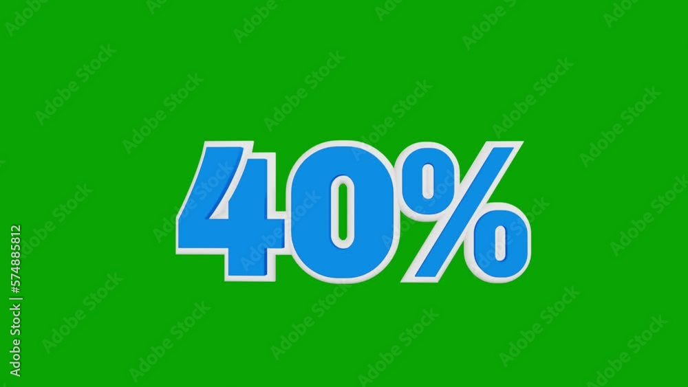 Price 40%. Number forty percent shape 3d animation in white and blue colors on a green background Price 40%. Number forty percent shape 3d animation in white and blue colors on a green background