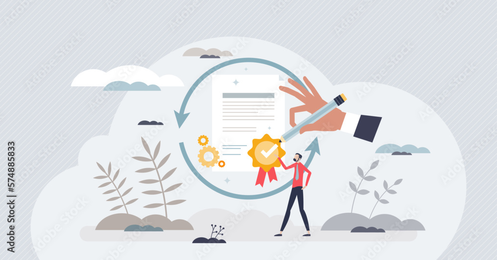 Recertification as diploma for competence and experience tiny person concept. Official skill and ability proof renewal from association vector illustration. Achievement document and work quality audit - obrazy, fototapety, plakaty 